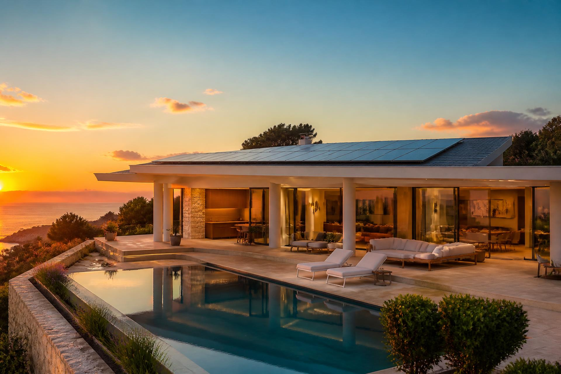 Vivienda moderna con placas solares al atardecer
